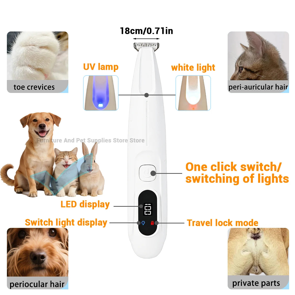 LED Pet Paw Hair Trimmer With UV Light & Display Screen