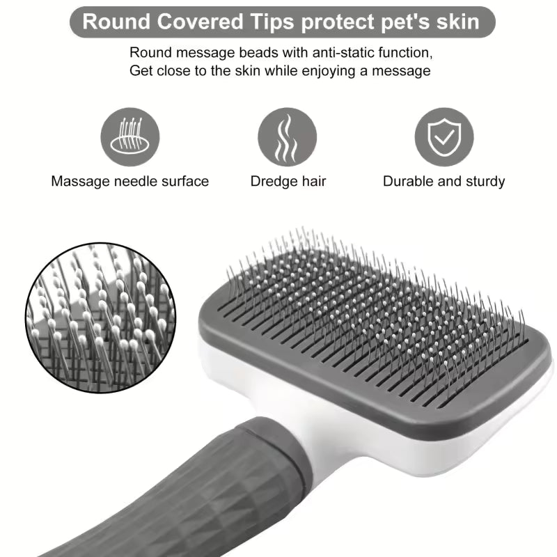 Pet Grooming Brush with One-Click Hair Removal, Bent Needle Massaging Comb for Dogs & Cats